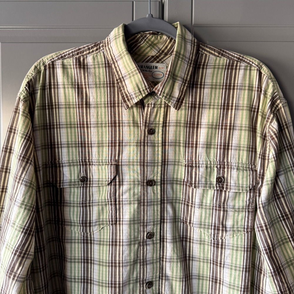 Wrangler Jeans Co. Vintage Mens Plaid Button Long Sleeve Shirt, Green‎ Brown, XL